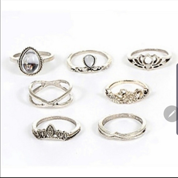 7 Pc Silver Lotus Gem Trendy Ring Set - Picture 2 of 2